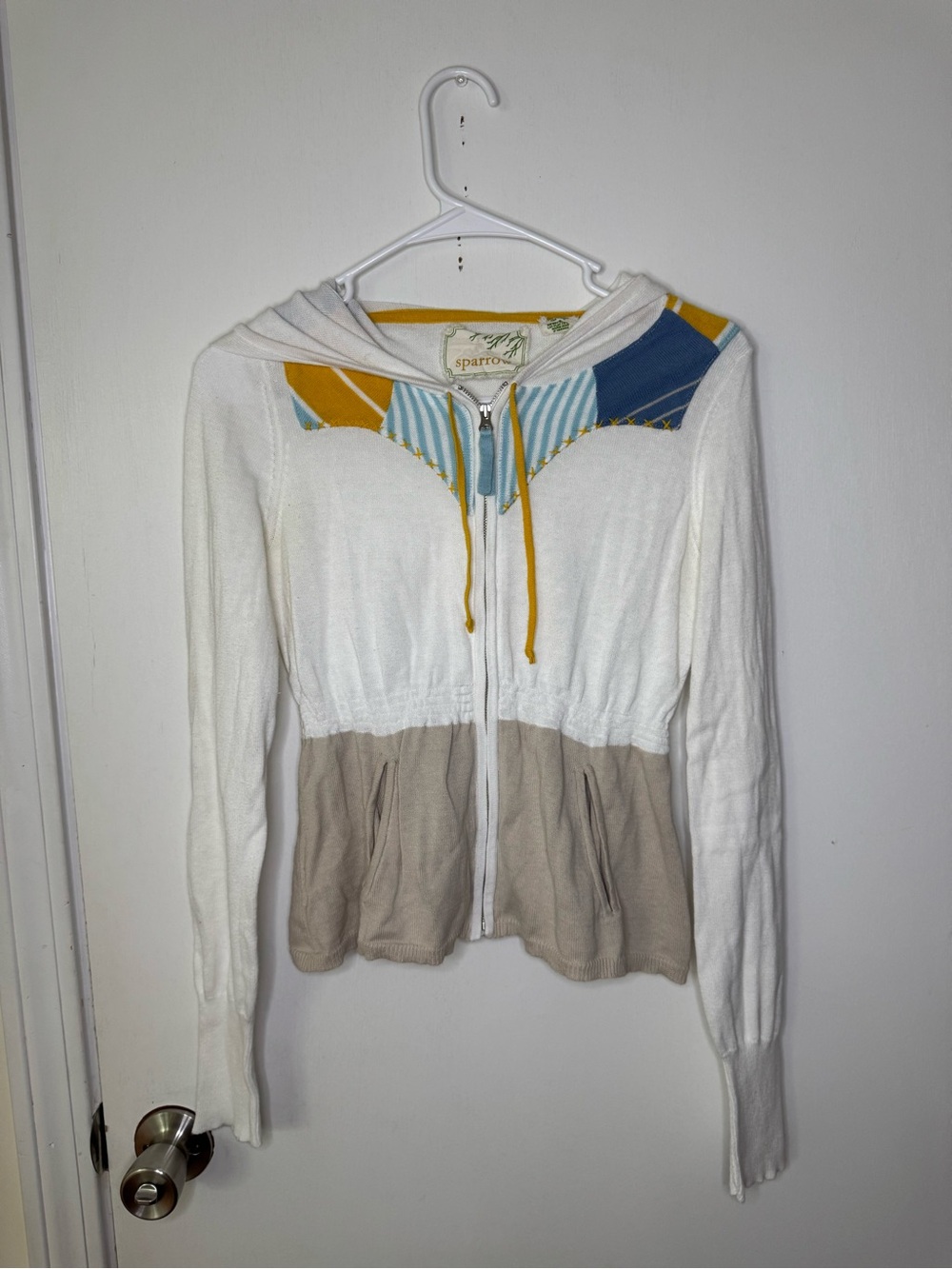Sparrow White Hoodie with Tan Waist and Mustard & Blue Hood Accents